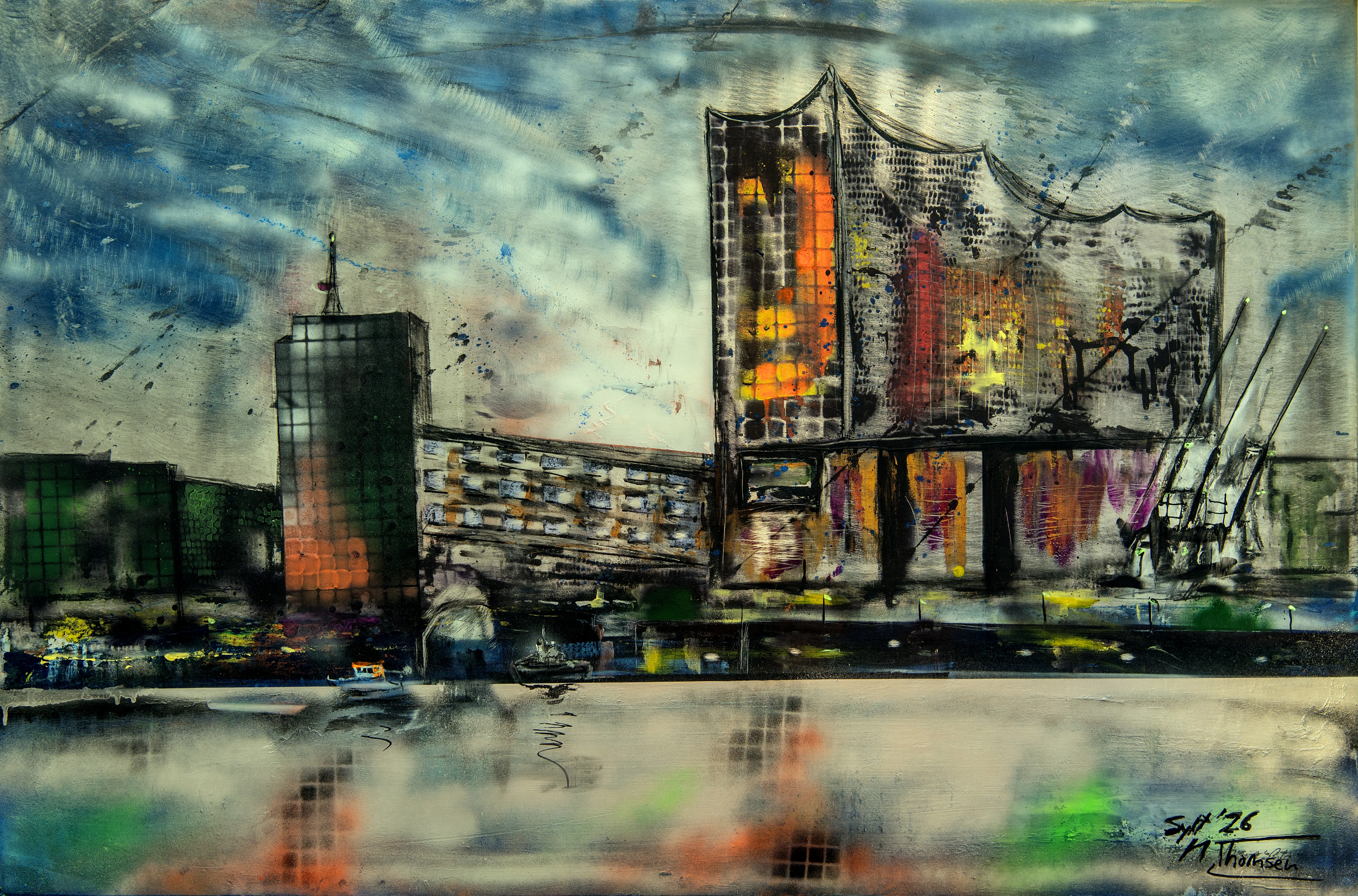 Blick von Schiff auf Hamburg 130 x 90 auf gebogener Aluminiumplatte, Multimedia Acryl 2026